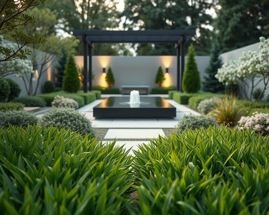 a modern garden design with a minimalist aesthetic, featuring a lush, verdant foreground with clean lines and simple geometric shapes. The middle ground showcases a tranquil water feature, such as a sleek reflecting pool or a modern fountain, surrounded by a mix of evergreen shrubs and perennial flowers. The background is framed by a contemporary architectural structure, perhaps a modern gazebo or a sleek pergola, casting warm, diffused lighting across the scene. The overall mood is one of serenity and understated elegance, creating a harmonious and visually striking outdoor space.