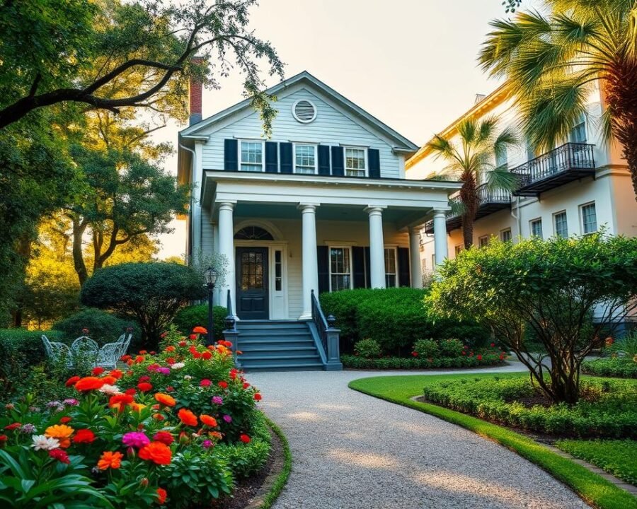 charleston home and garden tour with preserved historic architecture, lush greenery, and warm afternoon sunlight. a stately two-story charleston single home with a columned front porch, surrounded by vibrant flowers and well-manicured gardens. in the foreground, a gravel path leads visitors through the verdant landscape, inviting them to explore the property's architectural details and lush foliage. the background features a row of similar historic homes, their pastel-colored facades and wrought-iron balconies evocative of charleston's distinctive historic charm. the scene conveys a sense of timeless elegance and the importance of preserving the city's architectural heritage.