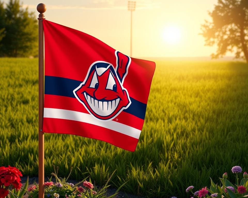 high quality detailed digital illustration of an officially licensed Cleveland Indians garden flag, featuring the iconic Cleveland Indians logo prominently displayed on a red and navy blue striped flag, waving gently in a warm summer breeze against a backdrop of lush green grass, with a wooden flagpole and surrounding garden landscape in the foreground, bathed in soft natural lighting with a nostalgic, classic baseball atmosphere
