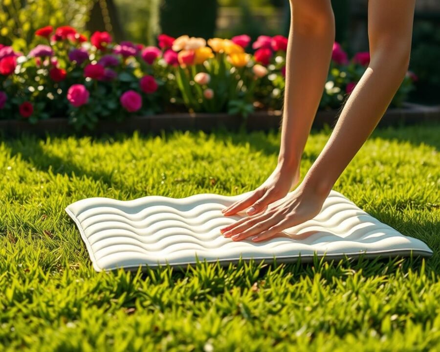 A beautifully crafted, ivory-colored Aimerla garden kneeling mat sits on a lush, grassy lawn, bathed in soft, natural light. The mat's padded surface and ergonomic design invite the user to kneel comfortably, their hands caressing the verdant grass. In the background, a vibrant, blooming garden bed adds a touch of color and tranquility to the scene. The overall composition conveys a sense of peaceful, effortless gardening, highlighting the Aimerla kneeler's ability to provide a comfortable, supportive solution for extended outdoor tasks.