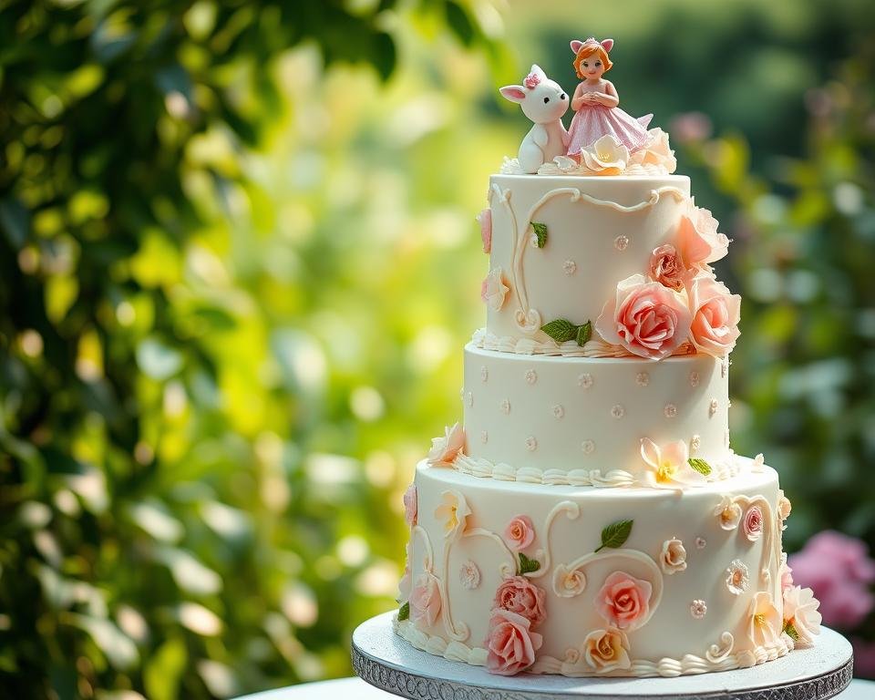 A beautifully decorated, multi-tiered cake set against a lush, verdant garden backdrop. The cake features intricate floral designs in pastel hues, delicate piping, and whimsical toppers that capture the essence of a 1st birthday garden bash. Soft, diffused lighting casts a warm, romantic glow, while a shallow depth of field keeps the cake in crisp focus, drawing the viewer's attention to its exquisite details. The overall scene exudes a sense of joy, celebration, and the enchantment of nature, perfectly complementing the &quot;Cake Ideas for the Big Day&quot; section of the article.