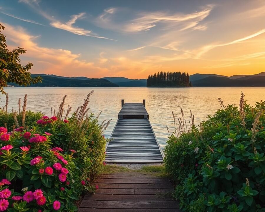 A breathtaking waterfront scene with a lush, verdant garden in the foreground. Vibrant foliage and blooming flowers cascade down a gentle slope, leading the eye towards a tranquil body of water. In the middle ground, a weathered wooden dock extends out into the serene lake, its planks reflecting the warm, golden light of the setting sun. In the distance, a picturesque skyline of rolling hills and towering trees silhouetted against a softly hued, pastel sky. Wispy clouds drift lazily overhead, adding to the sense of peaceful tranquility. The overall atmosphere is one of natural beauty, serenity, and the harmonious coexistence of land and water.
