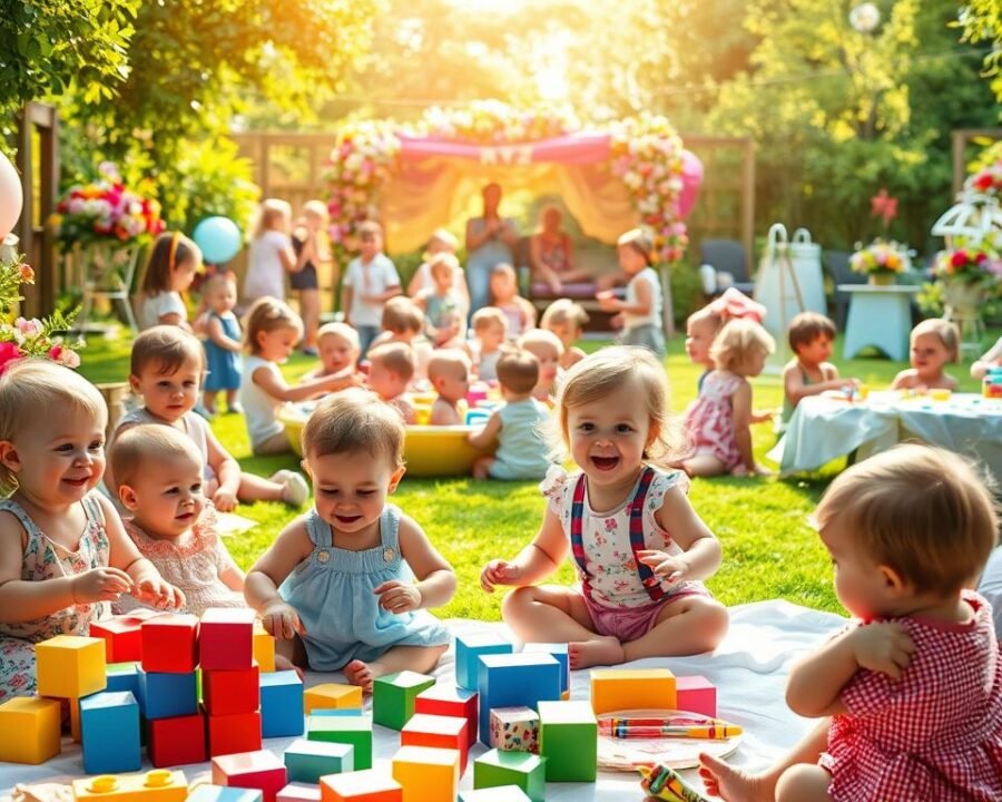 A bustling 1st birthday garden party, filled with joyful toddlers engaged in whimsical activities. In the foreground, a group of little ones play with colorful building blocks, their laughter and delight echoing through the sun-dappled scene. In the middle ground, a ball pit overflows with giggling tots, while nearby a craft station brims with paint, crayons, and paper. In the background, a lush, verdant lawn and vibrant floral arrangements create a serene, nature-inspired atmosphere. Soft, warm lighting casts a gentle glow, capturing the magical essence of this cherished milestone celebration.