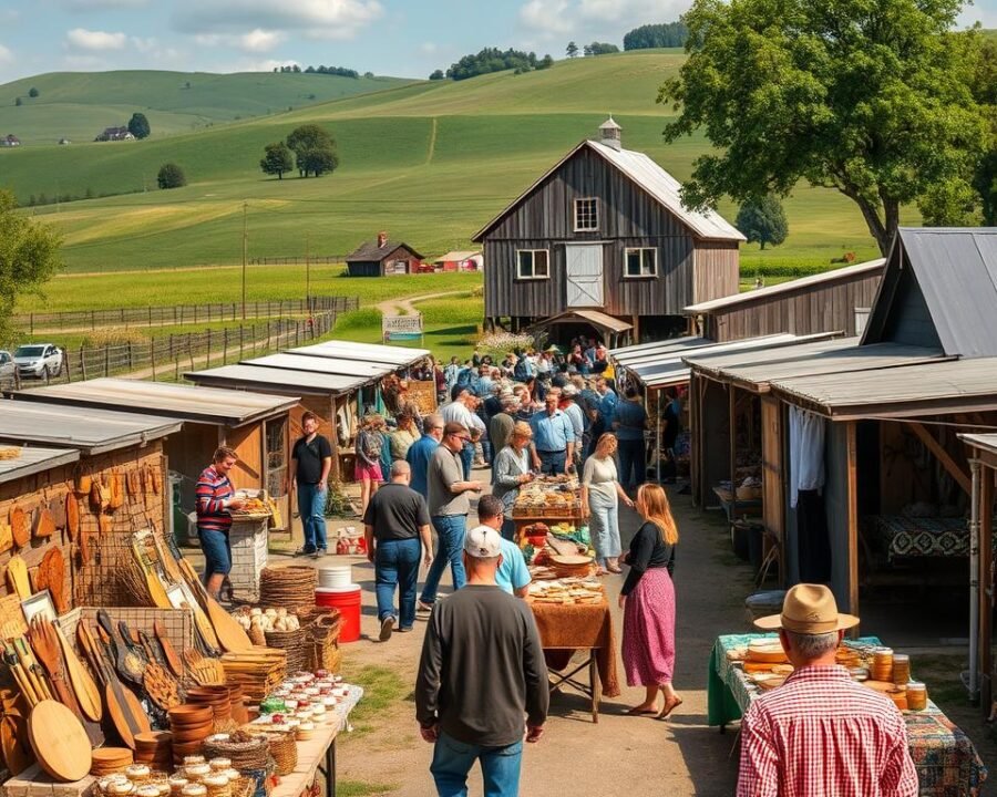 A bustling Amish crafts fair in a quaint countryside setting, bathed in warm afternoon light. In the foreground, artisans showcase an array of handmade wood carvings, handwoven textiles, and hand-stitched quilts. The middle ground features rows of vendors' stalls selling homemade jams, baked goods, and pottery. In the background, a historic Amish barn and rolling green hills create a picturesque pastoral scene. The atmosphere is one of rustic simplicity, community, and the celebration of traditional craftsmanship. Captured with a wide-angle lens to emphasize the scale and atmosphere of the event.