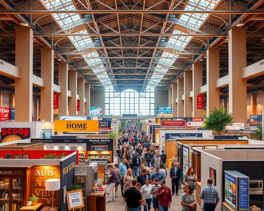 A bustling Texas Home Expo, showcasing the latest home and garden trends. The foreground features an array of exhibit booths, vibrant with displays of home decor, furniture, and outdoor living essentials. In the middle ground, visitors explore the expo, admiring the latest innovations in energy-efficient appliances and smart home technologies. The background reveals the grand architecture of the convention center, its soaring ceilings and natural lighting creating an inviting atmosphere. Crisp, warm lighting illuminates the scene, capturing the excitement and energy of this premier home and garden event. A wide-angle lens captures the dynamic, immersive experience, inspiring attendees to plan their visit and transform their living spaces.