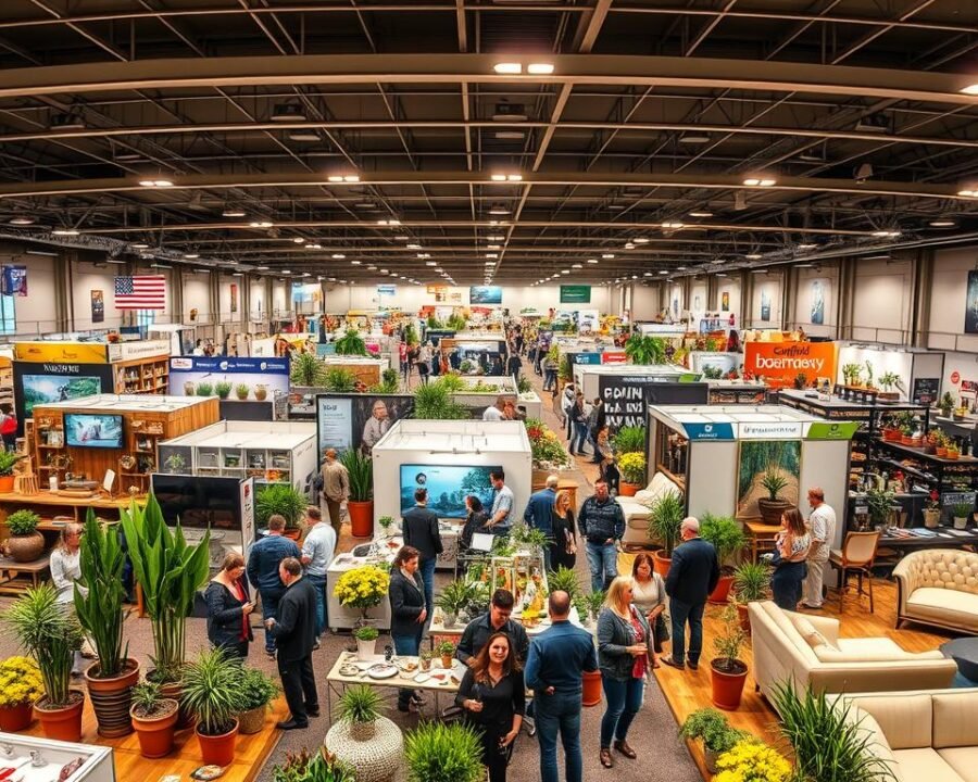 A bustling exhibition hall filled with vibrant displays showcasing the latest home and garden products. In the foreground, a diverse array of vendors and exhibitors interact with attendees, demonstrating their wares against a backdrop of lush potted plants, rustic garden decor, and sleek modern furnishings. Warm overhead lighting casts a inviting glow, while a wide-angle lens captures the energy and excitement of the Canfield Home and Garden Show. The scene is bustling with activity, reflecting the passionate spirit of the event and the creativity of the featured exhibitors.
