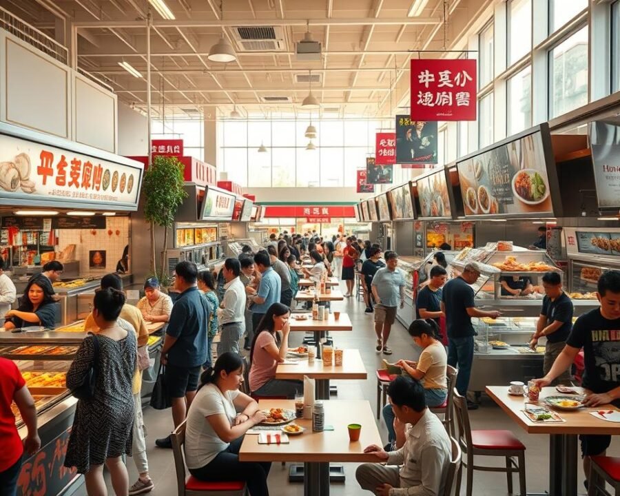 A bustling food court in an Asian grocery store, H Mart Garden Grove. Bright, airy space filled with the aroma of sizzling Asian dishes. Customers line up at various food stalls, each offering a mouthwatering array of authentic cuisine - steaming dumplings, fragrant curries, and fresh sushi. Servers hurry about, balancing trays of boba tea and bubble waffles. Natural light streams in through large windows, casting a warm glow over the scene. Tables scattered throughout, some occupied by families sharing a lively meal, others waiting to be claimed. A lively, energetic ambiance invites you to immerse yourself in the vibrant, multicultural dining experience.