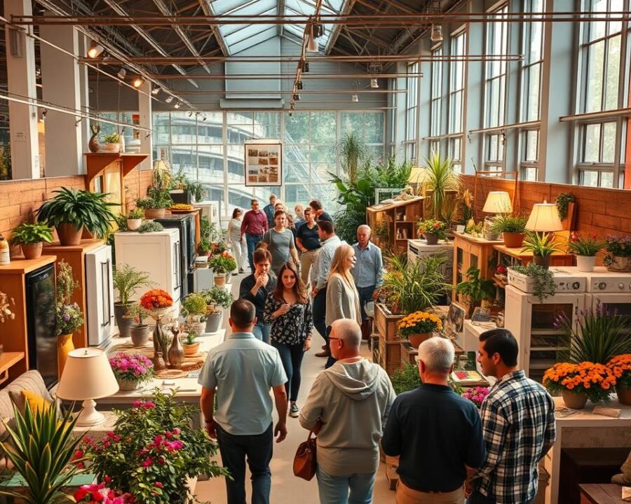 A bustling home improvement event, showcasing the latest in home and garden renovations. At the center, a group of homeowners browse through displays of stylish furnishings, energy-efficient appliances, and vibrant floral arrangements. The vibrant atmosphere is accentuated by warm, natural lighting filtering through large windows, casting a cozy glow over the scene. In the background, a team of experts offers consultations, guiding visitors on transforming their living spaces. The event is a symphony of ideas, inspiring homeowners to envision the possibilities for their own homes and gardens.