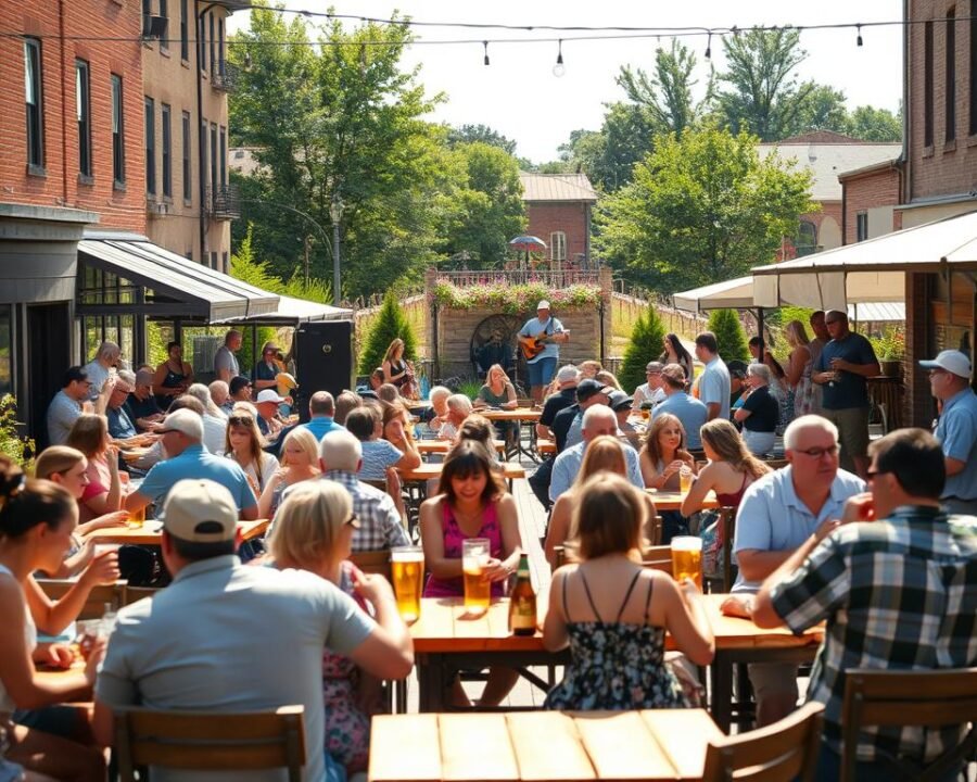 A bustling outdoor beer garden in Oconomowoc, Wisconsin, on a sunny summer day. In the foreground, groups of friends and families gathered around cozy wooden tables, sipping on refreshing local craft beers. In the middle ground, a lively live music performance takes place on a small stage, energizing the atmosphere. The background features a blend of historic buildings and lush greenery, creating a picturesque and inviting setting. Soft natural lighting casts a warm glow, and the overall scene conveys a sense of relaxation, conviviality, and community. The beer garden exudes a charming Midwestern vibe, perfectly capturing the essence of the Oconomowoc summer experience.