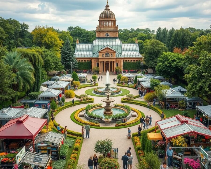 A bustling outdoor exhibition amid lush greenery, the Canfield Home and Garden Show showcases an array of vibrant flora and meticulously curated displays. In the foreground, rows of vendor booths offer an enticing array of gardening tools, potted plants, and home decor items. The middle ground features a central water fountain surrounded by winding pathways, where visitors meander and explore. In the background, a towering glass conservatory rises, its intricate architecture bathed in warm, natural lighting. The scene exudes an atmosphere of inspiration and discovery, inviting attendees to immerse themselves in the captivating world of home and garden design.