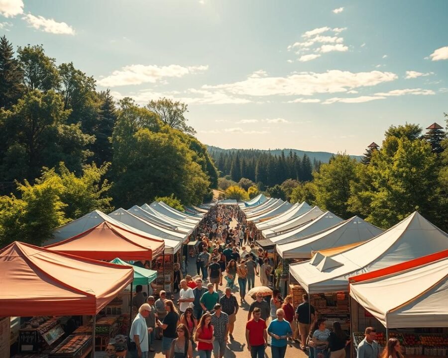 A bustling outdoor vendor fair, set against a backdrop of lush greenery and a clear, sun-dappled sky. In the foreground, rows of colorful tents and canopies house an array of local artisans, craftspeople, and small-scale producers, each offering an assortment of handmade goods, fresh produce, and artisanal foods. The middle ground is filled with a lively crowd of visitors, browsing the stalls, sampling wares, and engaging with the friendly vendors. The atmosphere is one of community, creativity, and a celebration of the local. Warm, natural lighting illuminates the scene, captured with a wide-angle lens to convey the vibrant, immersive feel of the event.
