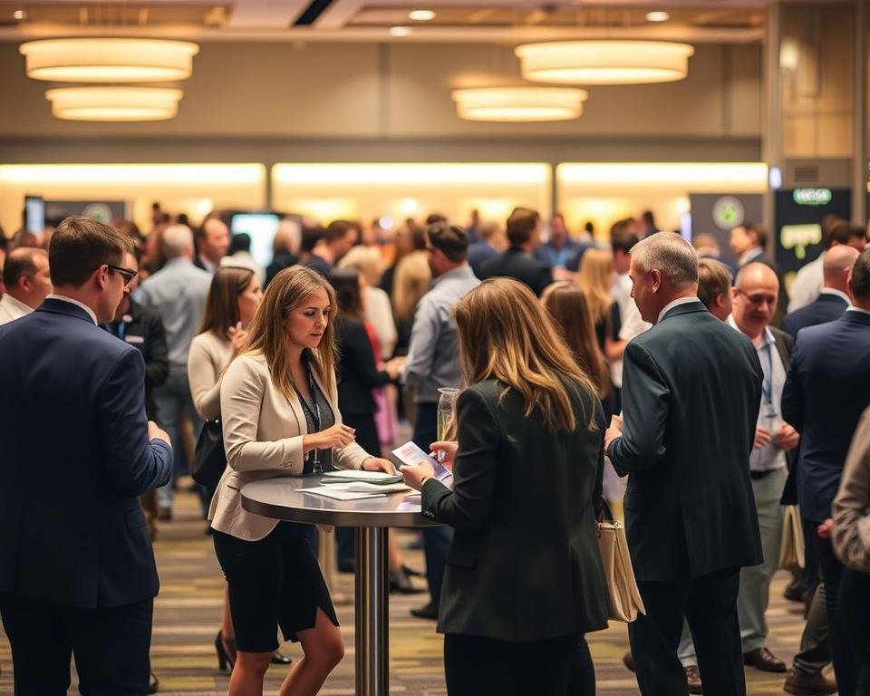 A bustling scene of networking at the Brazos County Event, with professionals in business casual attire mingling and conversing animatedly. The foreground features a group of attendees gathered around a high-top table, exchanging business cards and engaging in lively discussions. In the middle ground, others are seen navigating the crowd, making new connections and building relationships. The background showcases the event venue, a modern, well-lit space with sleek furnishings and warm lighting, creating an inviting atmosphere conducive to productive networking. The overall mood is one of vibrant energy, collaboration, and opportunity, capturing the essence of the &quot;Networking Opportunities&quot; section of the Brazos Home and Garden Show.