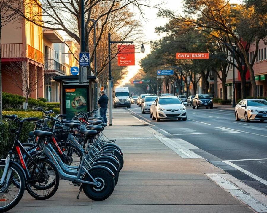 A bustling winter scene in Winter Garden, FL, featuring diverse transportation options along 1065 E Story Rd. In the foreground, a well-maintained sidewalk leads past a row of bicycles and electric scooters, indicating accessible multi-modal transportation. In the middle ground, a modern bus shelter stands, hinting at the public transit system serving the area. The background showcases a scenic tree-lined street, with automobiles tastefully blending into the urban landscape. The lighting is warm and inviting, creating a sense of comfort and accessibility. The overall atmosphere conveys a thriving, pedestrian-friendly neighborhood with a range of convenient transportation choices.