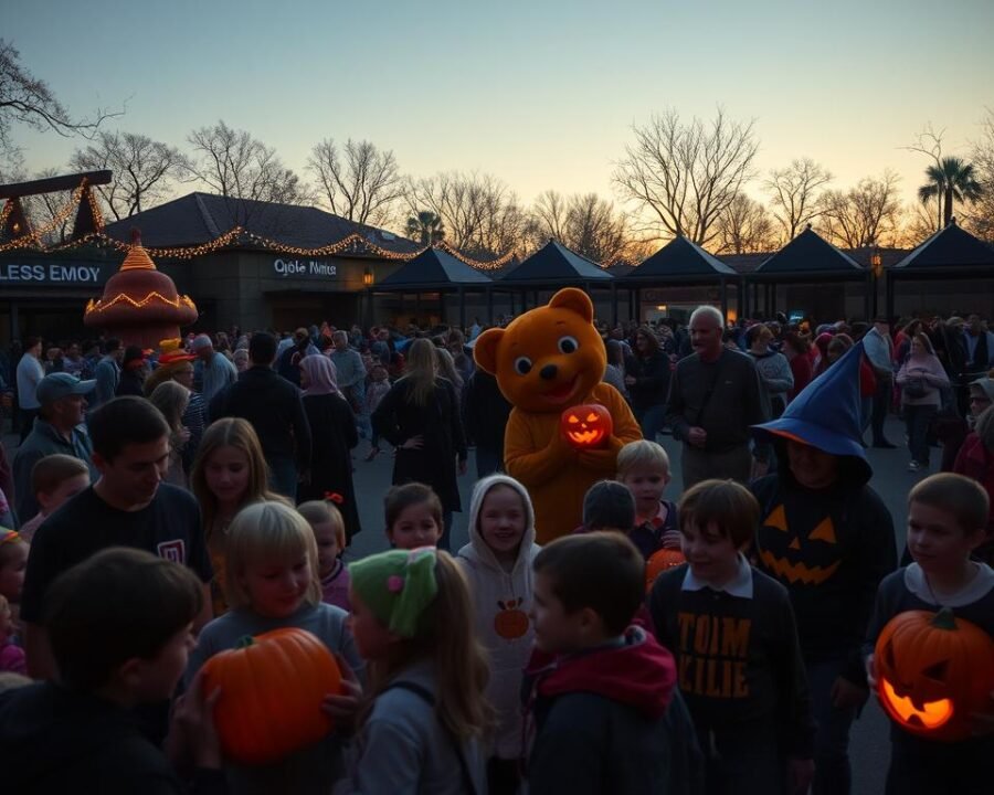 A bustling zoo scene at dusk, with costumed characters and enthusiastic visitors gathered for the "Boo at the Zoo" Halloween celebration. In the foreground, a group of children excitedly interact with costumed zoo staff, their faces lit by the warm glow of carved pumpkins and twinkling lights. In the middle ground, larger-than-life animal mascots mingle with the crowd, their whimsical costumes and exaggerated movements creating a sense of playful wonder. In the background, the silhouettes of the zoo's iconic exhibits and enclosures are visible, their nighttime shadows adding to the mystique of the event. The overall mood is one of festive excitement, as the zoo is transformed into a Halloween wonderland for all to enjoy.