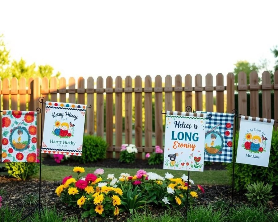 A charming assortment of custom garden flags, arranged in a inviting outdoor scene. In the foreground, diverse designs featuring vibrant patterns, whimsical illustrations, and personalized messages stand proudly on sturdy metal stakes. The middle ground showcases a well-manicured flower bed, with bursts of color complementing the flags. In the background, a picturesque wooden fence frames the scene, creating a cozy and welcoming atmosphere. Soft, natural lighting casts a warm glow, accentuating the textures and details of the flags. The overall composition conveys a sense of tranquility and delight, perfectly capturing the essence of adding charm to an outdoor space.