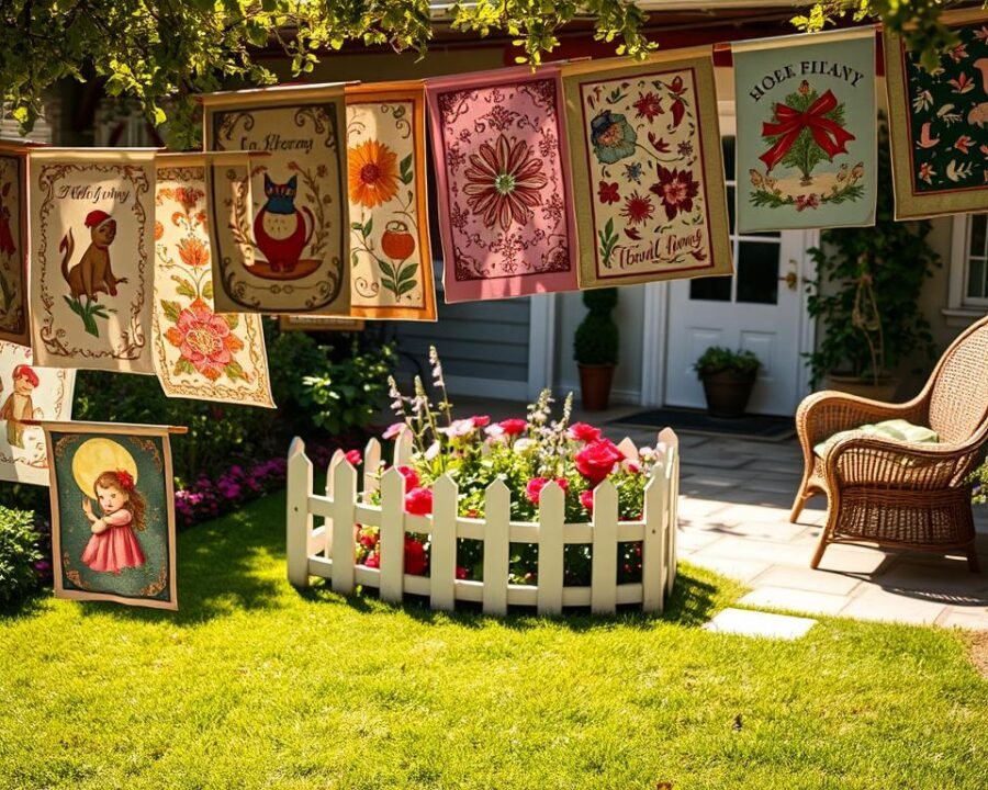 A charming assortment of garden flags displayed in a vibrant, well-tended outdoor space. In the foreground, a variety of intricate flag designs featuring floral patterns, whimsical characters, and seasonal motifs. Suspended from delicate metal poles, the flags sway gently in a soft breeze, casting playful shadows on the lush, manicured lawn below. In the middle ground, a quaint, picket-fenced garden bed overflows with colorful blooms, adding to the overall enchanting atmosphere. The background features a cozy, sun-dappled patio, where a wicker bench and a few potted plants create a welcoming and relaxing ambiance. Warm, natural lighting bathes the scene, highlighting the vibrant colors and inviting the viewer to step into this delightful outdoor oasis.