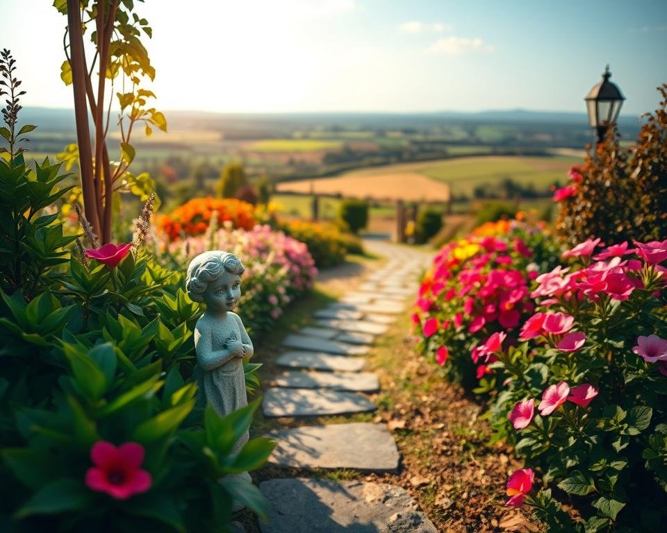 A charming garden oasis comes to life, with a whimsical Bashful Betty statue taking center stage. The foreground features lush, vibrant greenery surrounding the delicate, petite figure, her gentle expression and subtle pose inviting visitors to linger. In the middle ground, a winding stone path leads the eye through a tapestry of colorful blooms, their petals dancing in the soft, warm light. The background showcases a picturesque countryside landscape, with rolling hills and a distant horizon, creating a serene and inviting atmosphere. Captured with a wide-angle lens and natural lighting, this image exudes a sense of calm tranquility, perfectly complementing the benefits of adding Bashful Betty to your own garden oasis.