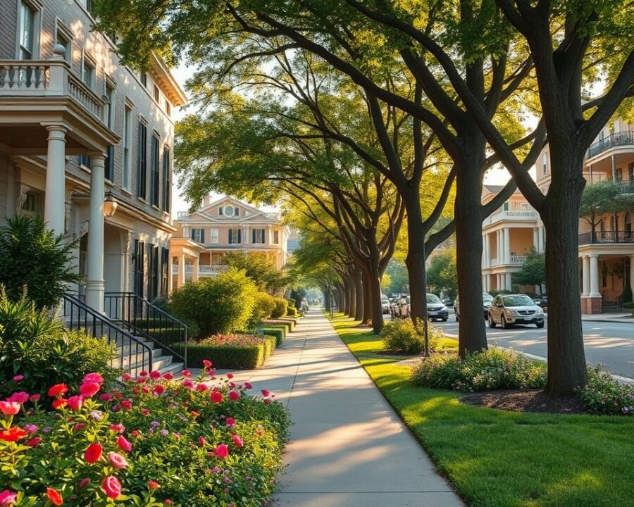 A charming street scene of Stewart Avenue in Garden City, New York. In the foreground, a well-manicured garden with vibrant flowers and lush greenery leads the eye toward a stately, colonial-style apartment building with elegant architecture and inviting entryways. The middle ground features a picturesque sidewalk lined with mature trees, casting soft, dappled shadows on the pavement. In the background, additional upscale apartment buildings and townhomes create a cohesive, upscale residential neighborhood. The overall scene is bathed in warm, golden sunlight, conveying a sense of tranquility, sophistication, and community.