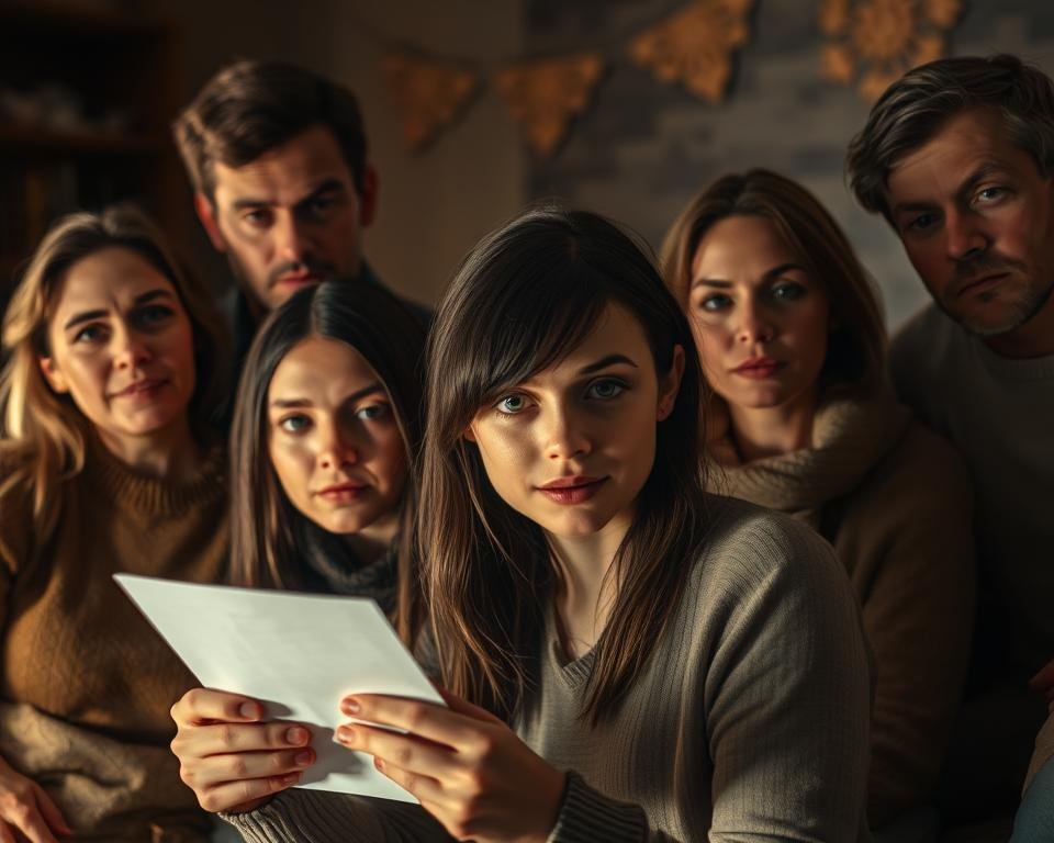 A close-knit family gathered in a cozy, dimly-lit living room, faces etched with a mixture of uncertainty and determination. In the foreground, a young woman holds a letter, her expression a tapestry of emotions, as the family members around her react with a range of reactions - shock, concern, and a glimmer of hope. The scene is bathed in a warm, golden light, casting soft shadows that add depth and drama. The camera angle is slightly elevated, capturing the intimate, family-centric moment, while the blurred background suggests a sense of the outside world fading away, allowing the viewer to focus on the intricate interplay of emotions unfolding within the frame.