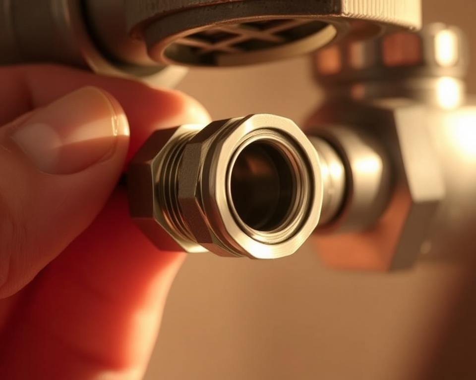 A close-up shot of a 1/2 NPT female to garden hose male adapter being installed, showcasing the threading process. The adapter is held firmly in place, with hands carefully aligning and screwing it into a threaded pipe or faucet. Soft, warm lighting illuminates the scene, emphasizing the textures of the metal components. The image is captured at a slightly elevated angle, providing a clear view of the installation steps. The background is blurred, keeping the focus on the adapter and the installation procedure. The overall atmosphere conveys a sense of precision, care, and a step-by-step guide for the smooth integration of the adapter.