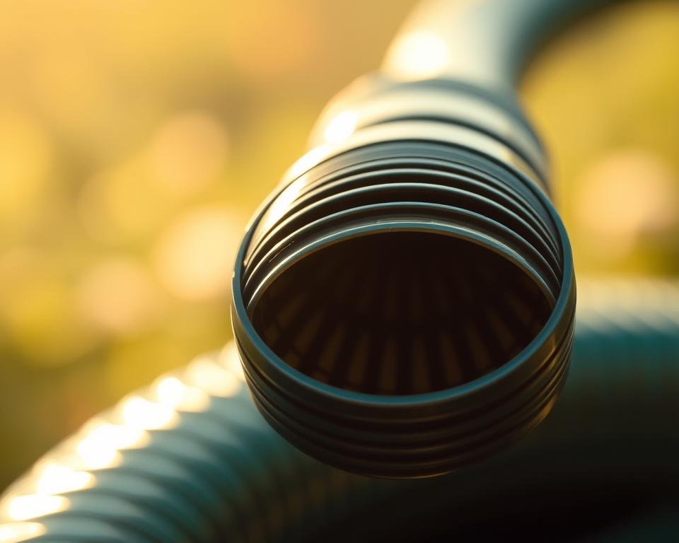 A close-up shot of a garden hose calcium remover, its sleek cylindrical form glistening under warm, natural lighting. The device appears to be made of durable plastic or metal, with intricate ridges and grooves that suggest efficient water filtration. The foreground is in sharp focus, while the background is softly blurred, creating a sense of depth and emphasis on the product. The overall mood is one of functional simplicity and attention to detail, reflecting the practical application of the calcium filter in maintaining a healthy, debris-free garden hose.