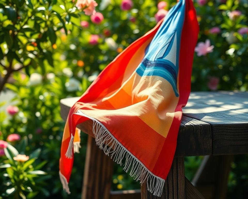 A close-up shot of a weathered wooden table or bench, with a vibrant beach garden flag draped across it. The flag features a coastal motif, such as seashells, waves, or a sailboat. The table is situated in a lush, sun-dappled garden, with verdant foliage and blooming flowers framing the scene. Soft, warm lighting illuminates the flag, highlighting its intricate details and texture. The overall mood is one of tranquility and relaxation, inviting the viewer to imagine the gentle breeze and salty air of a beachside oasis.