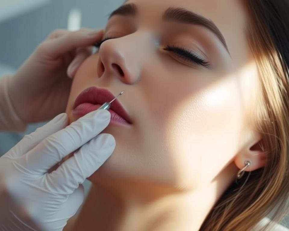A close-up shot of a woman's face during a Botox treatment, illuminated by soft, natural lighting. The skin appears smooth and youthful, with a slight sheen from the topical anesthetic. The practitioner's gloved hands are gently administering the injections, their movements precise and confident. The subject's expression is serene, eyes closed in relaxation. The background is a clean, clinical space, with minimal distractions to allow the focus to remain on the treatment process. The overall atmosphere conveys a sense of professionalism, comfort, and the transformative power of Botox to rejuvenate and refresh the appearance.