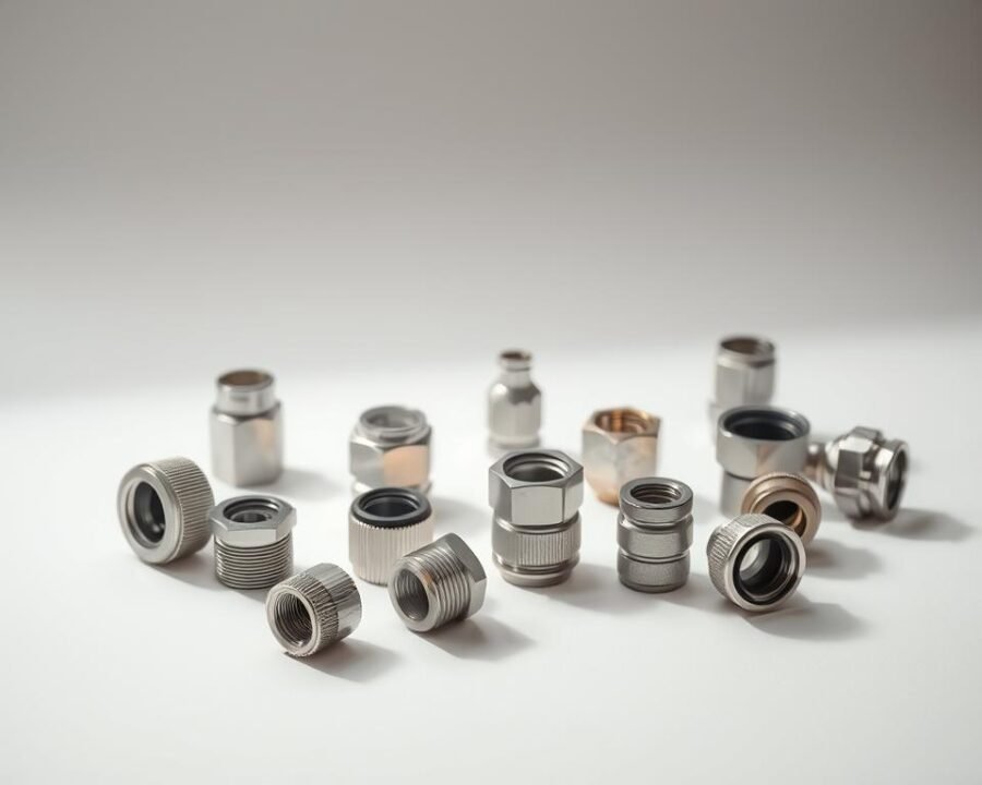 A close-up shot of various hose adapters in a well-lit studio setting. The adapters are arranged neatly on a clean, white surface, showcasing their intricate designs and diverse sizes. The lighting is soft and diffused, creating subtle shadows that highlight the textures and materials of the adapters. The image has a crisp, professional feel, emphasizing the functionality and versatility of these essential plumbing components. The adapters are captured from a slight overhead angle, allowing the viewer to clearly see their threaded connections and attachment points. The overall composition is visually appealing, drawing the eye to the key details that would be helpful for troubleshooting any issues with hose connections.