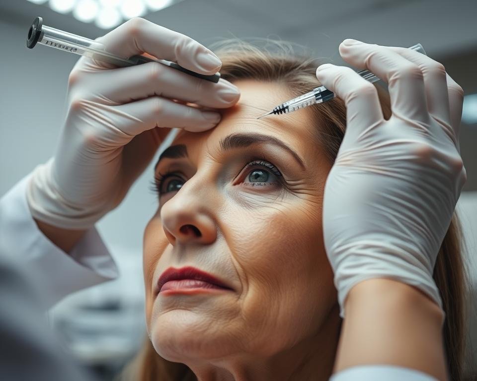 A close-up view of a medical professional's hands administering Botox injections on the forehead of a middle-aged woman in a modern, well-lit medical office. The woman's facial expression conveys a slight discomfort, but an overall sense of calm and trust. The background is blurred, focusing the viewer's attention on the delicate, precise procedure. The lighting is soft and even, creating a soothing, professional atmosphere. The camera angle is slightly elevated, providing a clear, detailed perspective of the injection process.