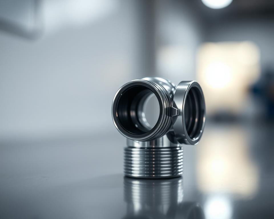 A close-up view of a sleek, chrome-plated 2-inch camlock fitting, designed to seamlessly connect a garden hose to a water source. The coupling's surface reflects the light, creating a polished, professional appearance. The foreground is in sharp focus, while the background is slightly blurred, emphasizing the subject. The lighting is soft and diffused, creating subtle shadows that accentuate the coupling's contours. The overall mood is one of precision, reliability, and high-quality engineering, perfectly suited for the &quot;2 Camlock to Garden Hose Connector&quot; application.