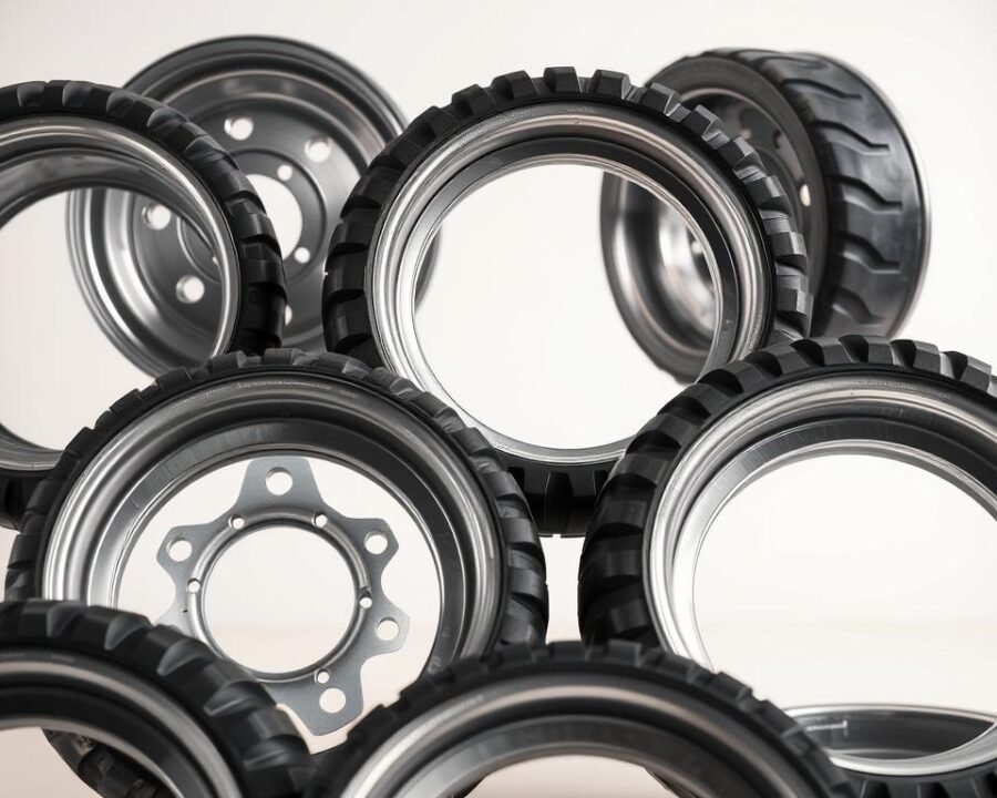 A close-up view of several 12x12 garden tractor rims arranged in a visually appealing composition. The rims are showcased against a clean, neutral background that allows their detailed features to be the focal point. Crisp lighting highlights the textured metal surfaces, casting subtle shadows to accentuate the contours. The rims are positioned at slightly varying angles to create depth and visual interest. The overall scene conveys a sense of quality, durability, and the technical specifications of these specialized agricultural tires.