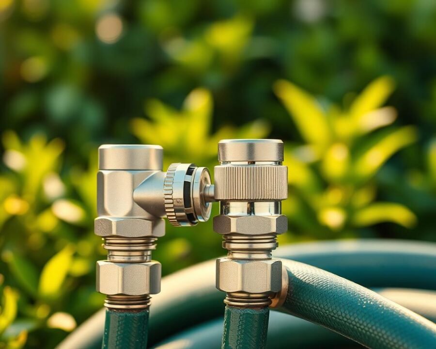A close-up view of two silver camlock connectors with a garden hose, set against a natural background of lush greenery. The connectors are in the foreground, showcasing their mechanical components and intricate design in vivid detail under soft, warm lighting that casts gentle shadows. The middle ground features the hose, its texture and flexibility apparent, leading the eye towards the background of verdant foliage, conveying a sense of a well-maintained outdoor setting. The overall scene exudes a serene, almost meditative atmosphere, inviting the viewer to closely inspect the maintenance and care of this essential watering equipment.