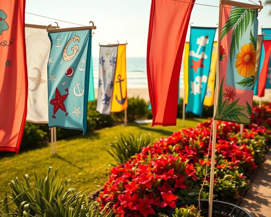 A colorful array of beach garden flags fluttering in the coastal breeze. In the foreground, intricate designs featuring sea creatures, nautical motifs, and tropical flora adorn the vibrant fabric. The middle ground showcases a neatly manicured garden, with lush greenery and vibrant flowers complementing the flags. In the background, a serene beach scene with gently lapping waves and a clear blue sky. The entire composition is bathed in warm, golden sunlight, creating a welcoming and tranquil atmosphere.