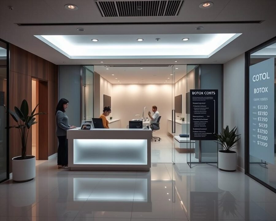 A contemporary medical clinic nestled in the heart of Garden Grove, with a sleek and modern facade. The interior is bathed in soft, diffused lighting, creating a serene and inviting atmosphere. In the foreground, a professional and friendly receptionist greets patients, ready to guide them through the Botox treatment process. The middle ground showcases a state-of-the-art treatment room, where a skilled practitioner administers Botox injections with precision and care. The background reveals a discreet pricing display, highlighting the competitive and transparent Botox costs that cater to the diverse needs of the local community.