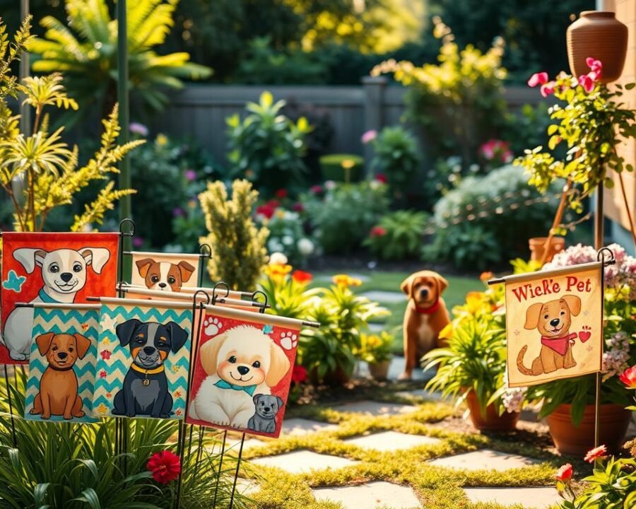 A cozy and inviting garden scene, featuring a vibrant collection of custom pet-themed garden flags. In the foreground, an assortment of cheerful flags showcasing adorable dogs, cats, and other beloved pets, their designs meticulously crafted to bring a touch of whimsy and personality to the outdoor space. The middle ground features a well-tended garden, with lush greenery and colorful blooms, creating a harmonious backdrop for the personalized flags. Warm, natural lighting casts a gentle glow, highlighting the intricate details and capturing the overall sense of charm and affection. The scene is captured from a slightly elevated angle, allowing the viewer to fully appreciate the carefully curated display of custom pet garden flags, which seamlessly blend with the tranquil, inviting ambiance of the backyard oasis.