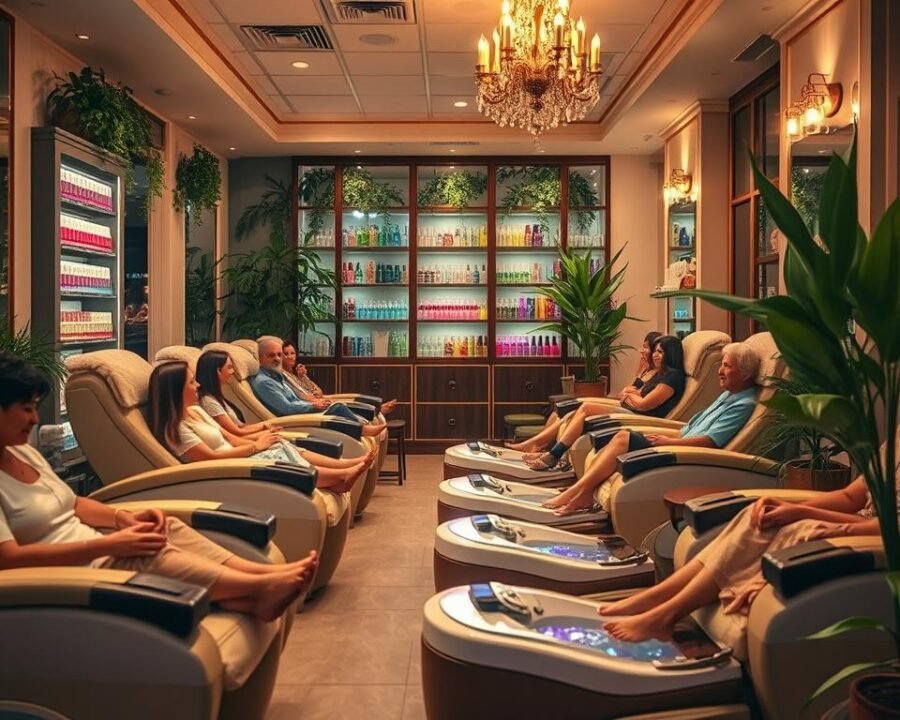 A cozy and inviting nail spa nestled in the heart of Garden Grove, California. In the foreground, customers relax in plush pedicure chairs, their feet immersed in warm, soothing waters. The middle ground showcases the vibrant array of nail polish colors, glistening in the soft, ambient lighting. In the background, lush, verdant plants and elegant decor create a serene, spa-like atmosphere, evoking a sense of tranquility and rejuvenation. The scene is captured through a warm, golden-toned lens, reflecting the inviting and welcoming nature of the establishment. The overall mood is one of pampering, relaxation, and indulgence, perfectly capturing the essence of the "Customer Experience at Can Thơ" nail salon.