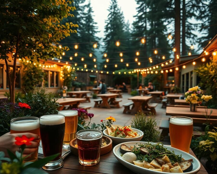 A cozy beer garden in the midst of a vibrant seasonal setting. In the foreground, a selection of craft beers and artisanal dishes, their flavors complementing each other perfectly. In the middle ground, wooden tables and benches encircled by lush greenery and colorful flowers, creating a warm, inviting atmosphere. In the background, the soft glow of string lights and the silhouettes of towering trees, evoking a sense of tranquility and relaxation. The scene is illuminated by a golden, natural light, casting a gentle, nostalgic hue over the entire tableau. This is a place where the pleasures of great food, exceptional beer, and the beauty of nature converge, inviting visitors to savor the essence of the season.