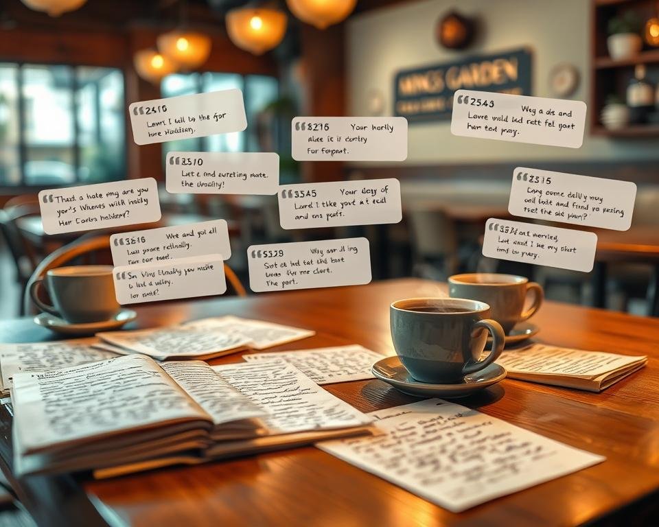 A cozy cafe setting, soft lighting illuminating a wooden tabletop. Laid out are an assortment of handwritten customer reviews, their pages weathered and bearing the warmth of human touch. Cups of steaming tea and coffee sit nearby, adding a comforting aroma. The reviews themselves are animated, their words and phrases floating gently above the table, as if the customers' voices have been given physical form. The background is a blurred, inviting interior, hinting at the larger Mings Garden establishment. An atmosphere of genuine feedback and sincere appreciation pervades the scene.