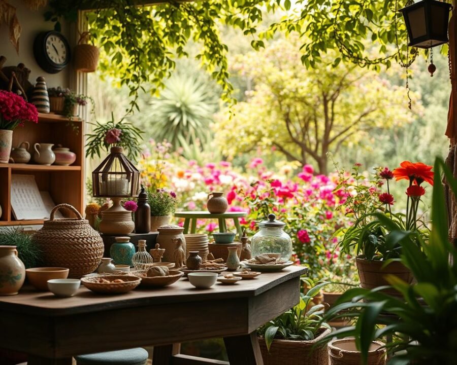 A cozy corner of a vibrant Krafty Garden, filled with an array of handmade treasures. In the foreground, a rustic wooden table displays an assortment of carefully crafted items - delicate ceramics, woven baskets, and whimsical trinkets. The middle ground showcases a vibrant tapestry of blooming flowers, their petals dancing in the gentle breeze. In the background, a warm, natural light filters through a canopy of lush greenery, creating a serene and inviting atmosphere. The overall scene conveys a sense of artisanal charm, where the handmade crafts are the stars, showcased against a backdrop of nature's beauty.