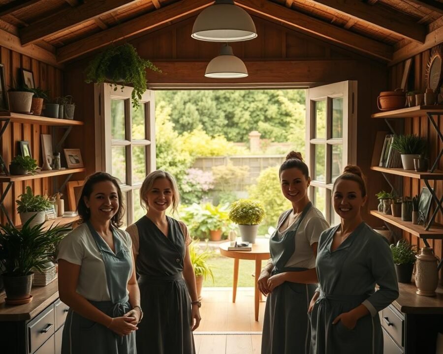 A cozy garden shed interior, softly lit with natural sunlight streaming through the windows. In the foreground, three friendly beauticians greet visitors with warm smiles and welcoming expressions. They are dressed in chic, coordinated outfits, each showcasing their unique style and personality. The middle ground features a mix of natural elements like potted plants, rustic wooden shelves, and vintage decor, creating a charming, homely ambiance. In the background, the view opens up to a lush, well-maintained garden, further adding to the relaxing, serene atmosphere. The overall mood is one of comfort, care, and professional expertise.