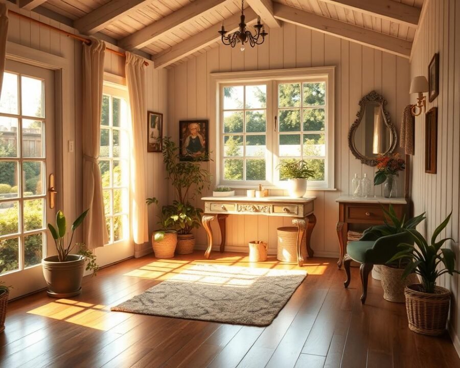 A cozy garden shed transformed into a serene beauty retreat, bathed in warm natural light filtering through the windows. The interior is adorned with plush textiles, potted plants, and an ornate vanity table where visitors can indulge in pampering treatments. Soft, diffused lighting casts a gentle glow, creating a calming atmosphere. The polished wooden floors and whitewashed walls reflect the tranquil ambiance, while strategically placed mirrors enhance the sense of space. Outside, a lush, manicured garden provides a verdant backdrop, inviting visitors to relax and rejuvenate amidst the beauty of nature.