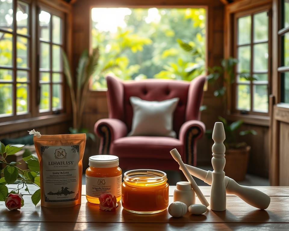 A cozy garden shed transformed into a serene oasis, illuminated by soft natural light filtering through the windows. In the foreground, an array of luxurious beauty treatments are artfully displayed: a rose-infused face mask, a jar of honey-based body scrub, and a set of hand-carved jade facial massage tools. In the middle ground, a plush velvet armchair invites guests to sink in and indulge in a moment of tranquility, while the background showcases the verdant greenery of the surrounding garden, creating a harmonious and rejuvenating atmosphere.