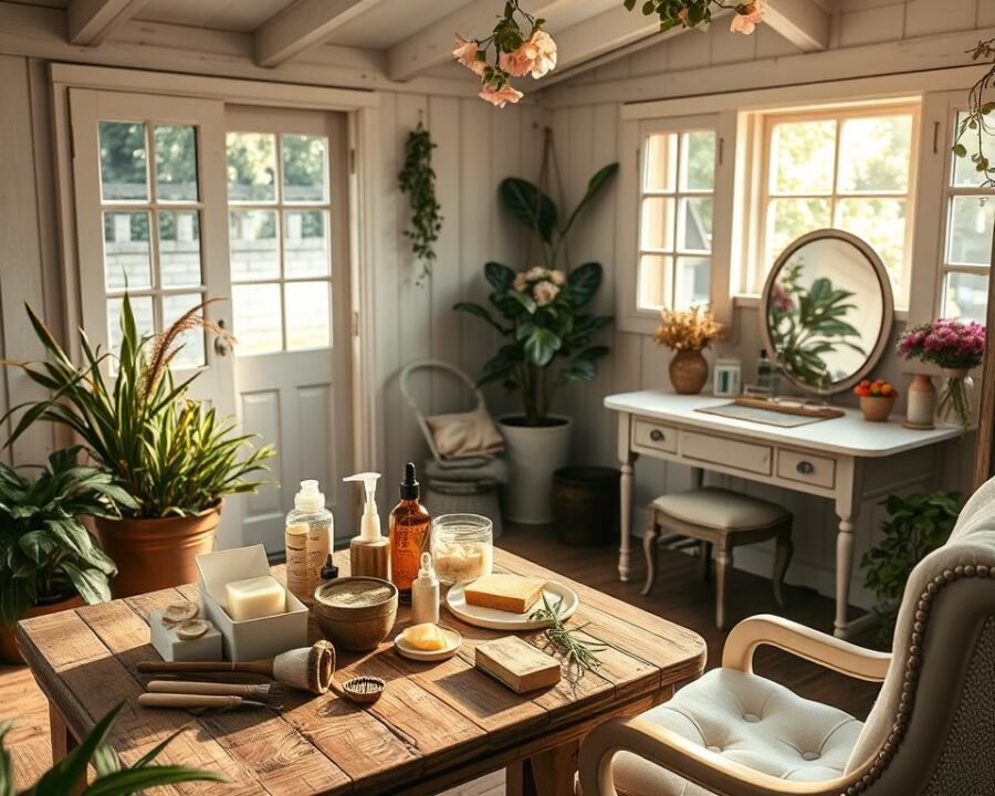 A cozy garden shed transformed into a tranquil beauty oasis, its interior bathed in soft, natural light filtering through the windows. On a rustic wooden table, an array of unique beauty tools and products await, from handcrafted botanical soaps to delicate crystal facial rollers. A plush armchair invites guests to sink in and indulge in a nourishing face mask, while the gentle fragrance of fresh flowers and soothing essential oils permeates the air. Lush potted plants and a shabby-chic vintage vanity complete the serene, inviting atmosphere, transporting the senses to a hidden sanctuary of pampering and rejuvenation.