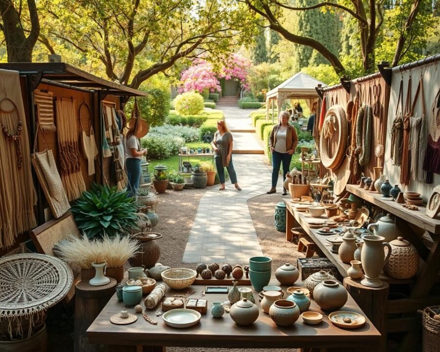 A cozy outdoor marketplace filled with handmade treasures. In the foreground, a wooden table displays an array of intricate weavings, pottery, and repurposed vintage items. Midground, artisans stand beside their stalls, each showcasing their unique creations - from delicate jewelry to rustic home decor. The background features a lush garden oasis, with blooming flowers and a winding path leading visitors through the enchanting scene. Warm afternoon sunlight filters through the trees, casting a golden glow over the entire setup. The atmosphere is one of tranquility and delight, inviting shoppers to explore and discover the handmade treasures for sale.