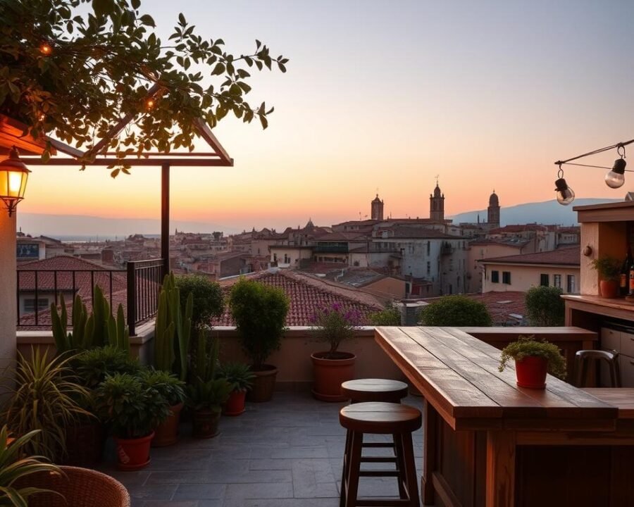A cozy rooftop bar overlooking the historic town of Alghero, Sicily. In the foreground, a lush garden oasis with potted plants and wicker furniture. Mid-ground features a weathered wooden bar counter with rustic stools. The background showcases the iconic red-tiled roofs and bell towers of Alghero's old town, bathed in the warm glow of a sunset. Soft ambient lighting, plumes of aromatic herbs, and the gentle buzz of conversation create an inviting, intimate atmosphere. A romantic, mediterranean-inspired scene that embodies the spirit of creating one's own urban retreat.