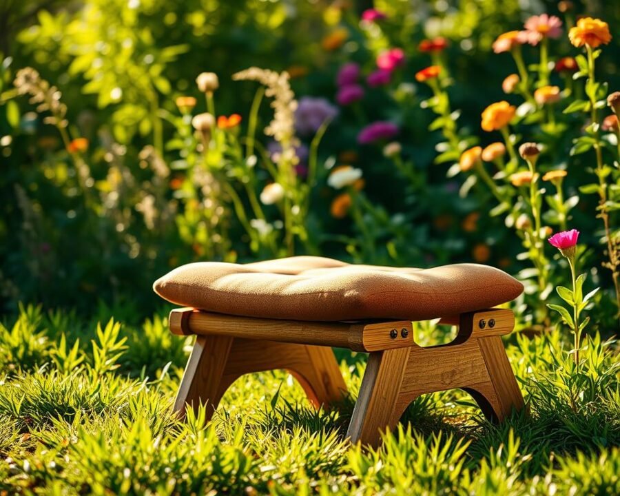 A cozy, well-padded kneeler sits in a lush garden, its soft cushions inviting the gardener to kneel comfortably. The kneeler's sturdy, wooden frame is weathered, suggesting years of faithful service. Sunlight filters through the verdant foliage, casting a warm, golden glow on the scene. The kneeler's design features a slightly inclined surface, providing ergonomic support for the user's knees and back. The padded surface is covered in a durable, earth-toned fabric that complements the natural surroundings. In the background, a vibrant array of flowers and plants sway gently in the breeze, creating a serene and tranquil atmosphere for the gardener to work in comfort and ease.