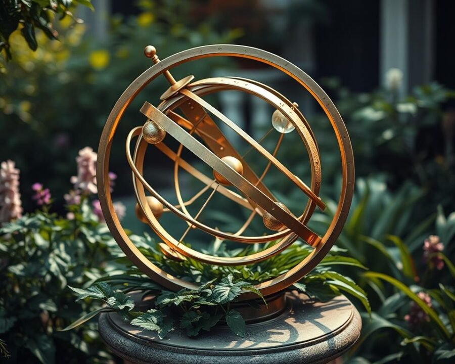 A decorative armillary sphere resting on a lush garden pedestal, its brass and copper elements gleaming in the soft, diffuse lighting. The intricate celestial rings and spheres are precisely detailed, casting delicate shadows on the surrounding foliage. The garden setting is serene, with a touch of grandeur, inviting the viewer to marvel at the craftsmanship and the timeless elegance of this astronomical instrument. The composition emphasizes the sphere's prominence, with a slightly elevated perspective to showcase its sculptural beauty. The overall mood is one of quiet contemplation, inspiring a sense of wonder and appreciation for this captivating garden accent.