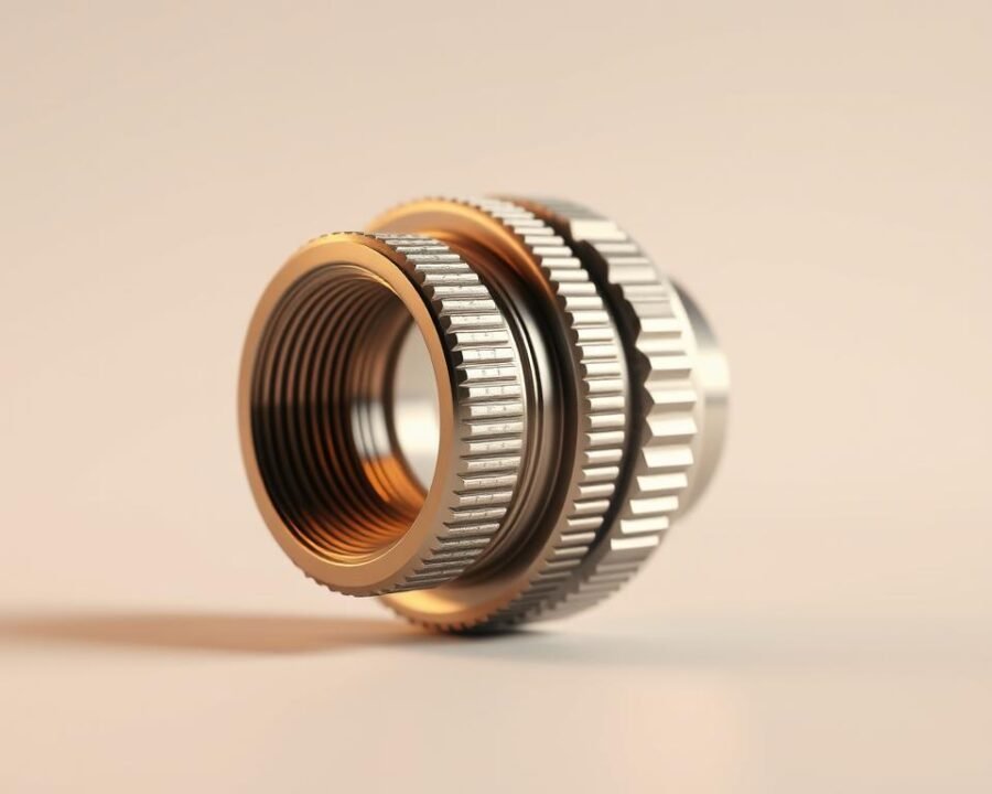 A detailed and precisely engineered thread converter, rendered in high-definition with a warm, crisp lighting setup. The adapter is showcased against a clean, minimalist background, emphasizing its sleek, functional design. The foreground features the intricate threads and contours of the adapter, capturing the engineering precision required for a secure connection. The middle ground offers a clear view of the adapter's profile, highlighting its compact and ergonomic form factor. The background maintains a subtle, uncluttered environment, allowing the adapter to be the focal point and drawing the viewer's attention to its key features.