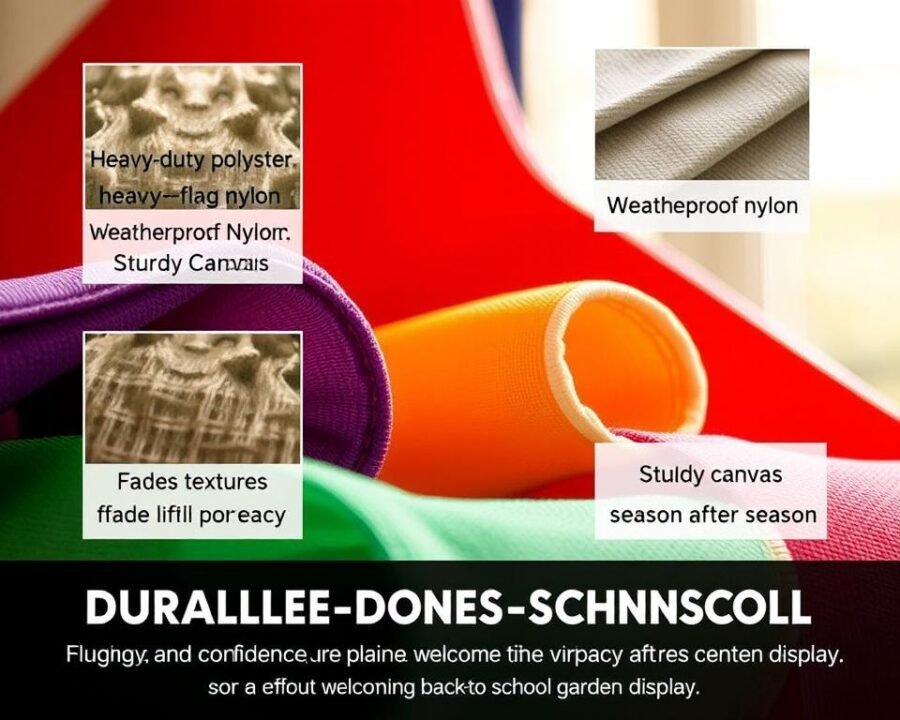 A detailed close-up of various durable garden flag materials, including heavy-duty polyester, weatherproof nylon, and sturdy canvas, displayed against a soft, diffused lighting backdrop. The materials showcase their vibrant colors, fade-resistant textures, and seamless construction, highlighting their ability to withstand the elements and maintain their vibrancy season after season. The composition emphasizes the tactile and visual qualities of these materials, inspiring confidence in their long-lasting performance for a welcoming back-to-school garden display.