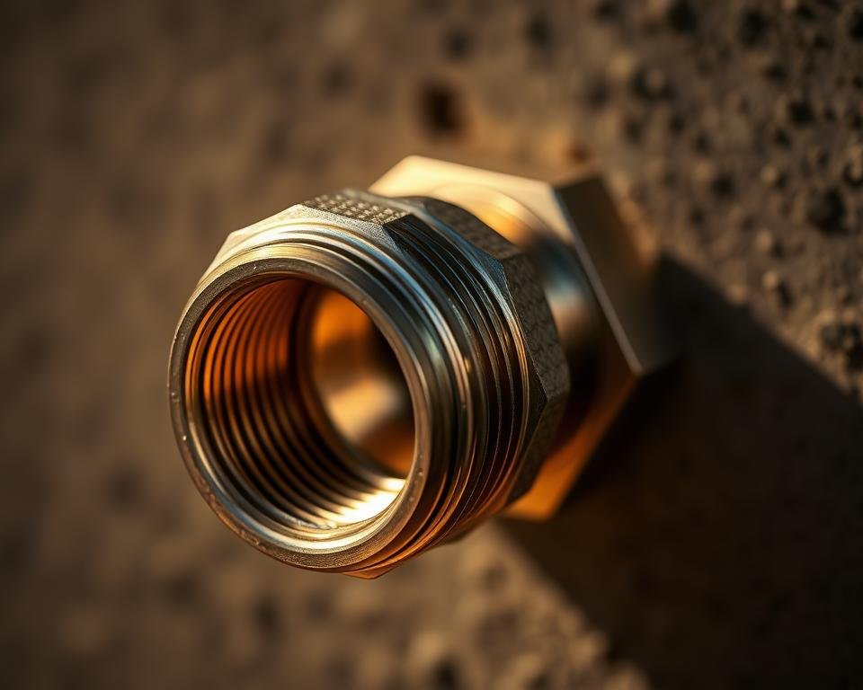 A detailed close-up shot of a 1/2 NPT female to garden hose male adapter, illuminated by warm natural lighting that highlights its metallic surface and intricate threaded connectors. The adapter is positioned against a slightly blurred, neutral background, allowing the subject to be the focal point. The image should convey a sense of functionality, precision, and practical utility, reflecting the technical nature of the adapter and its application in the article's subject.